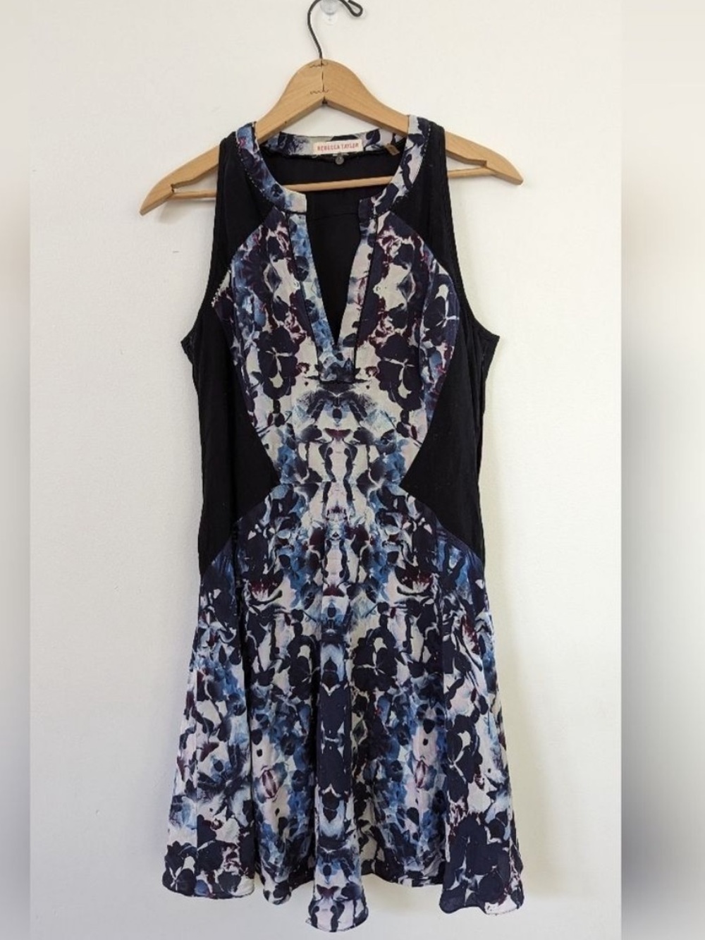 Rebecca Taylor Black Blue Floral Fit Flare Paneled Silk Short Casual Dress 6